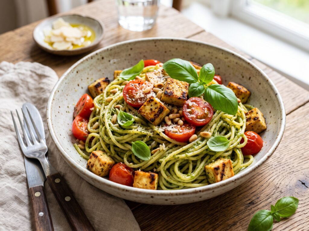 Macarrão com tofu e pesto vegano