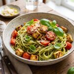Macarrão com tofu e pesto vegano