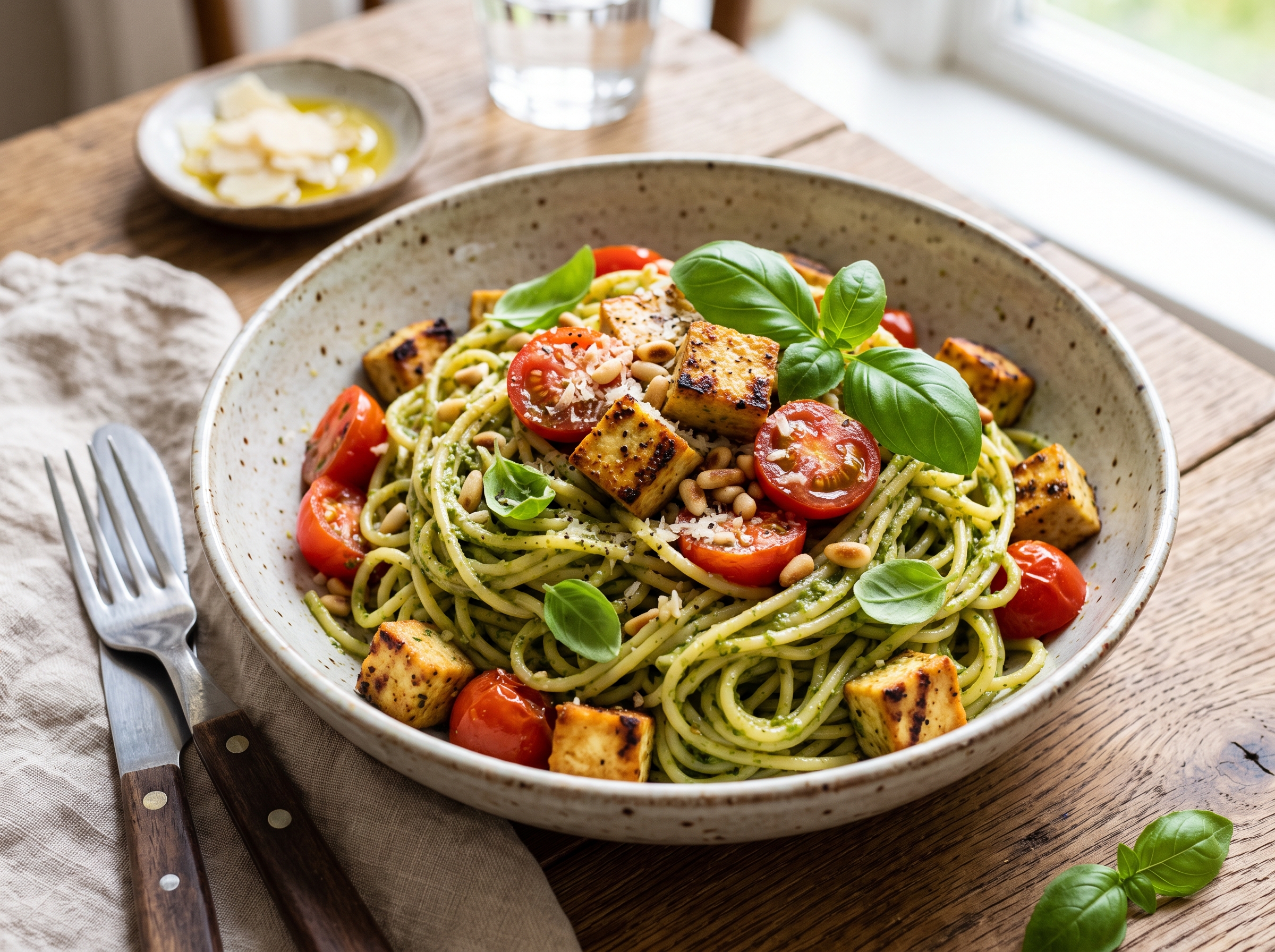 Macarrão com tofu e pesto vegano