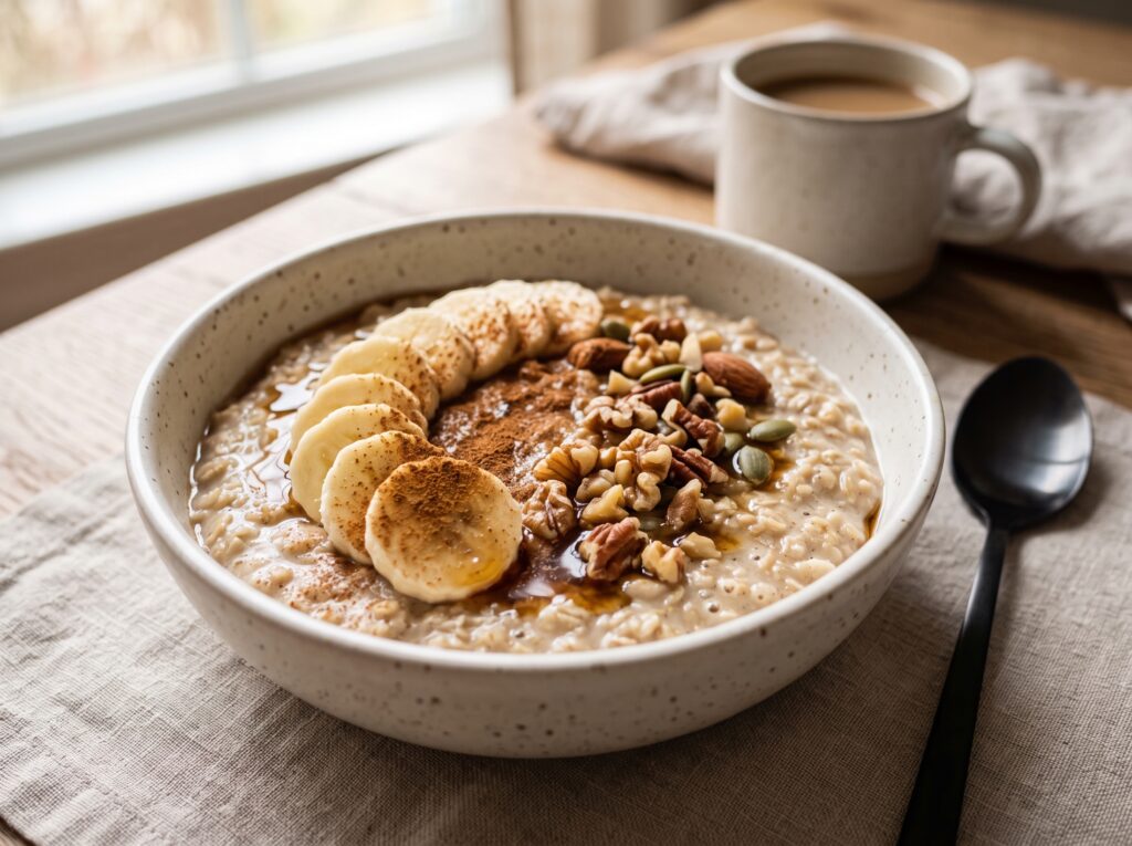 Mingau de aveia vegano com banana e canela em tigela rústica
