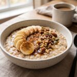Mingau de aveia vegano com banana e canela em tigela rústica