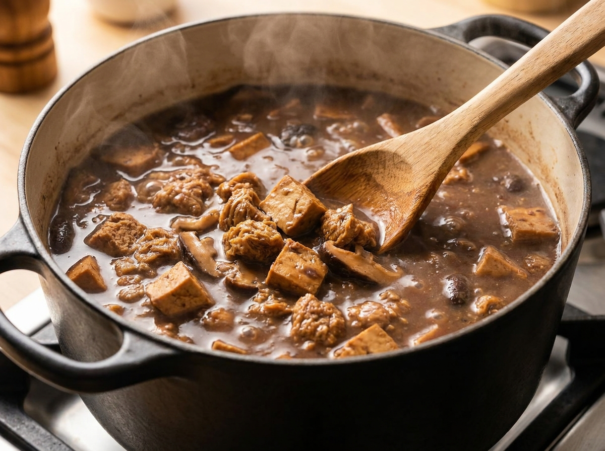 Feijoada vegana cozinhando em panela, sendo mexida com colher de pau