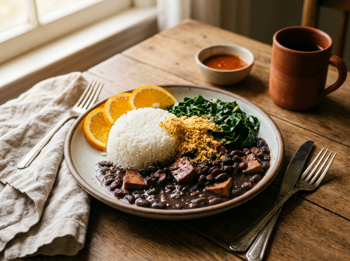 Prato de feijoada vegana montado com arroz, couve, farofa e laranja