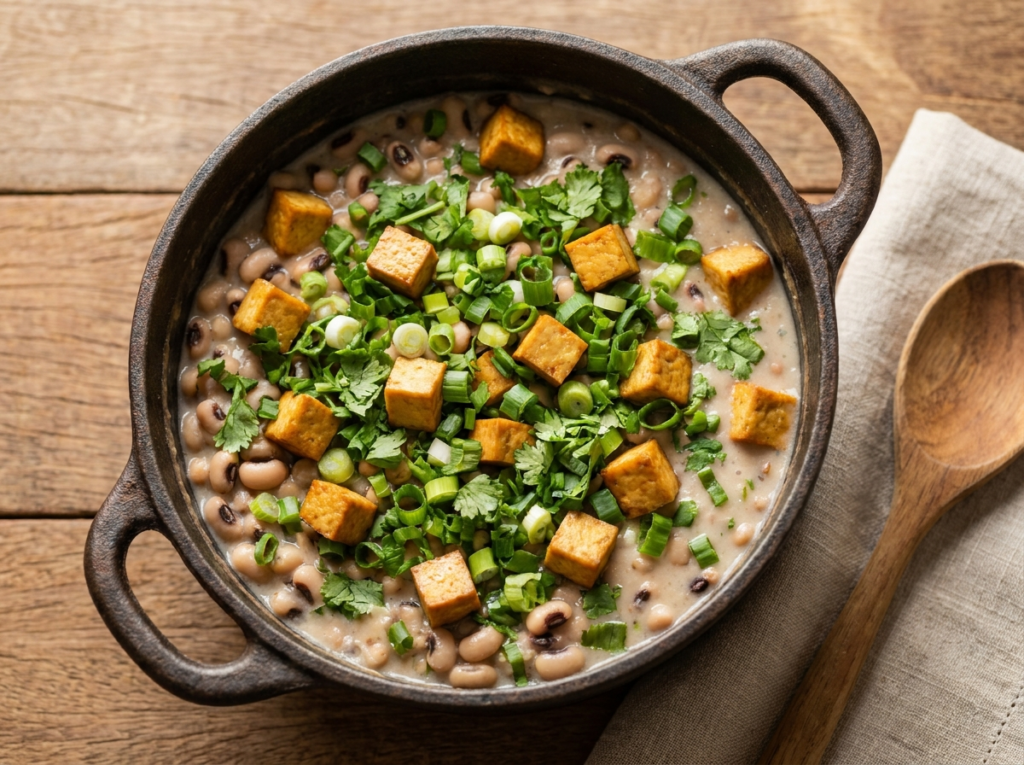 Baião de dois vegano com tofu defumado, feijão-de-corda e arroz cremoso, servido com cheiro-verde fresco