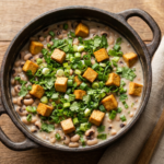 Baião de dois vegano com tofu defumado, feijão-de-corda e arroz cremoso, servido com cheiro-verde fresco