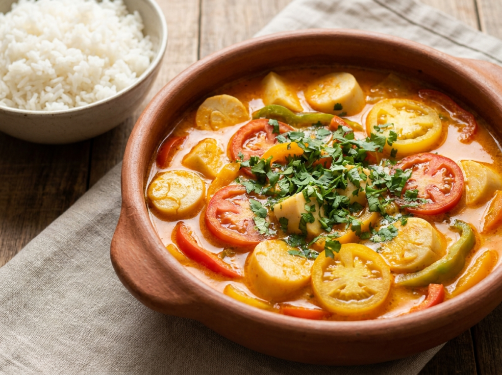 Moqueca de palmito vegana com caldo de dendê e leite de coco, servida com arroz branco