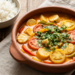 Moqueca de palmito vegana com caldo de dendê e leite de coco, servida com arroz branco