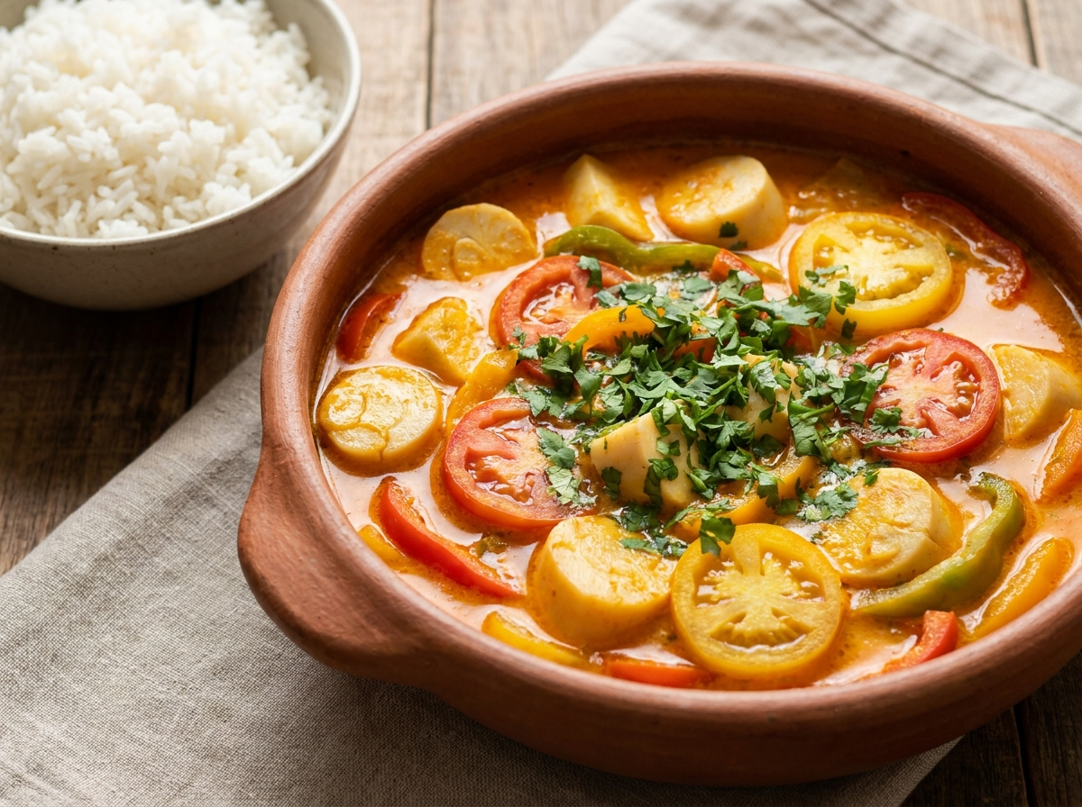 Moqueca de palmito vegana com caldo de dendê e leite de coco, servida com arroz branco