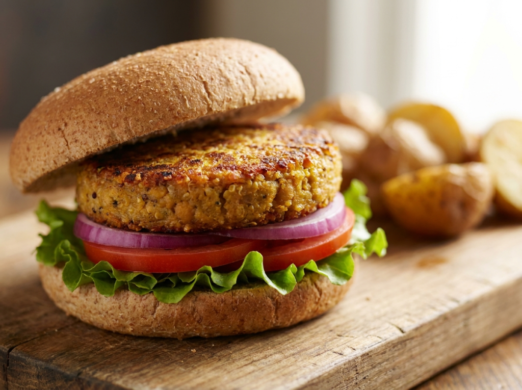 Hamburguer vegano de quinoa e grao-de-bico grelhado, servido em pao integral com alface e tomate