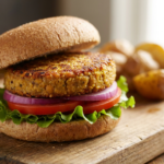 Hamburguer vegano de quinoa e grao-de-bico grelhado, servido em pao integral com alface e tomate