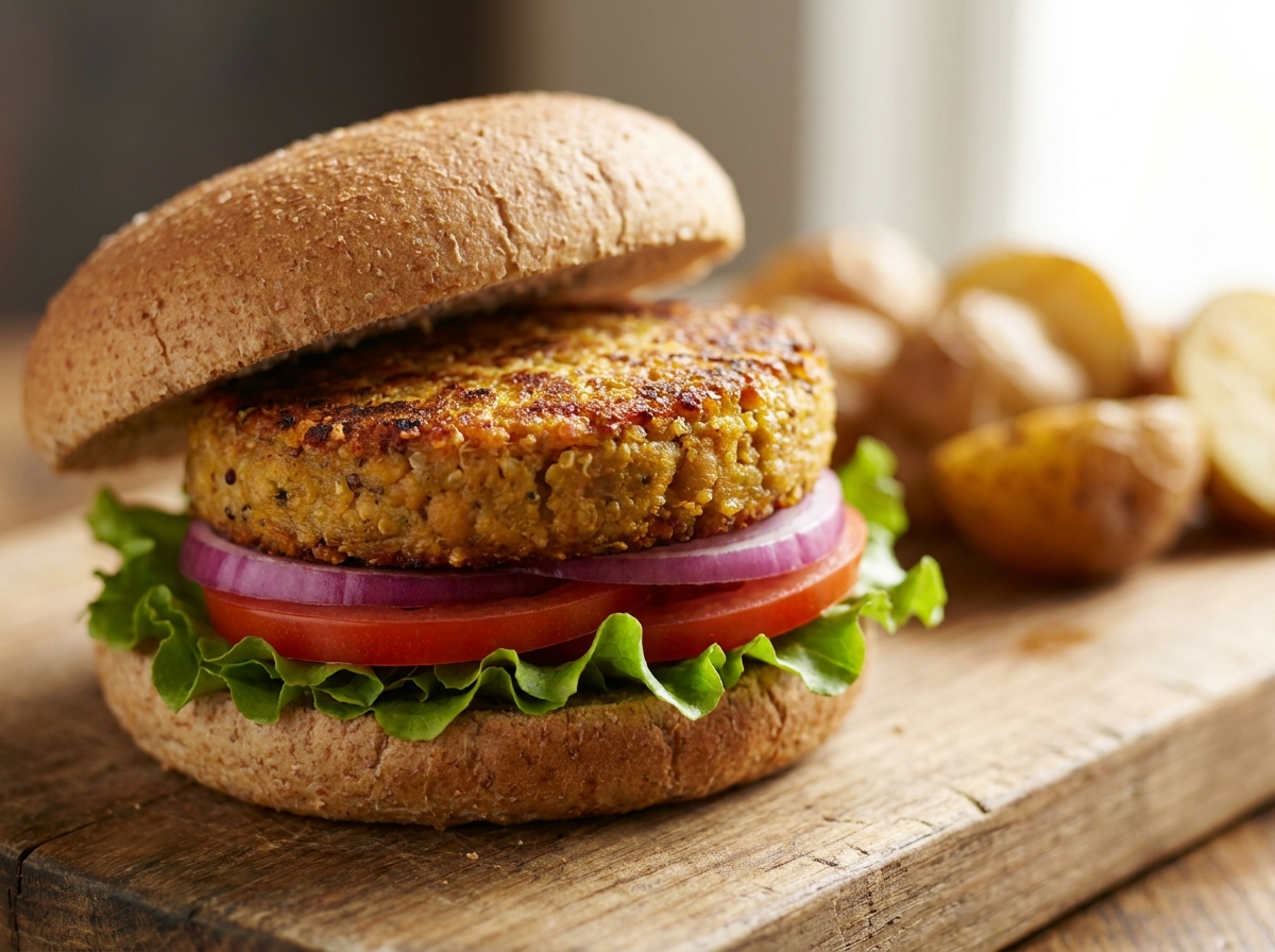 Hamburguer vegano de quinoa e grao-de-bico grelhado, servido em pao integral com alface e tomate