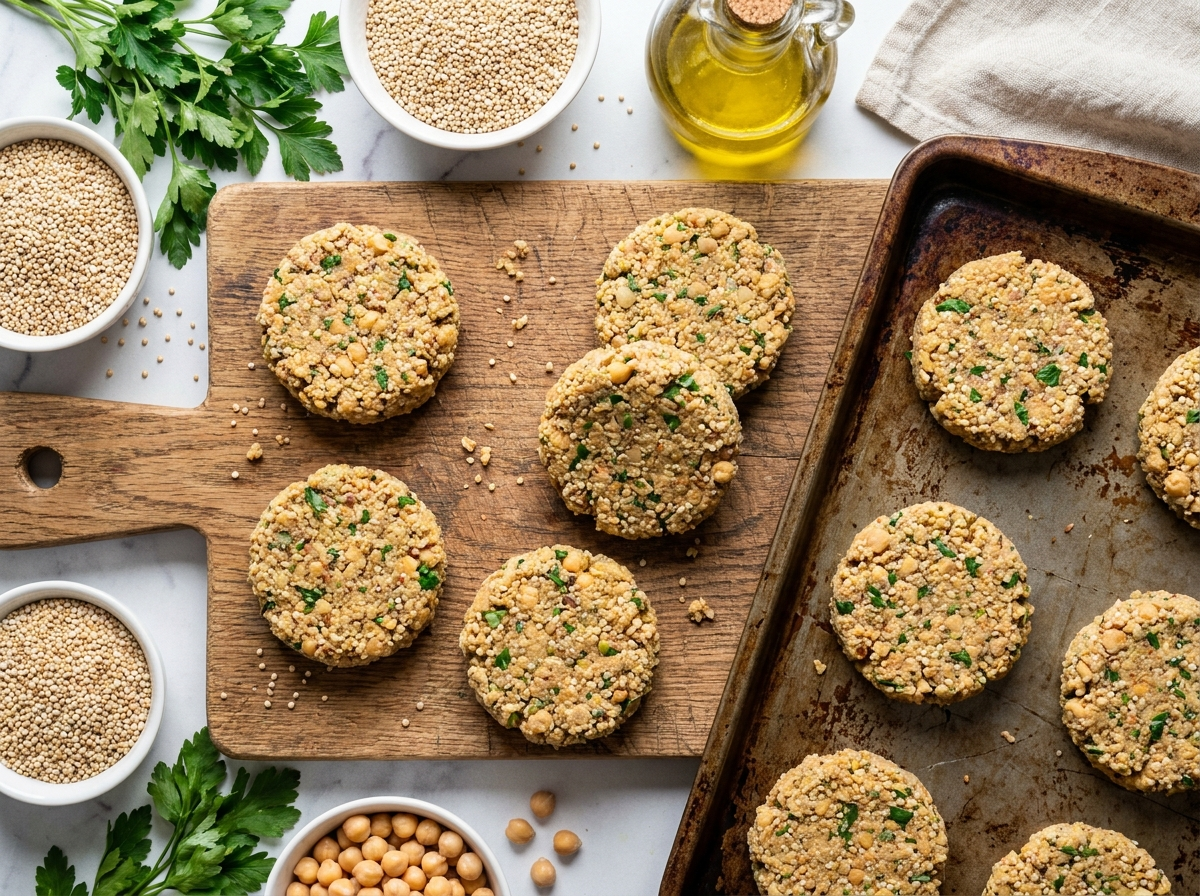 Hamburgueres crus de quinoa e grao-de-bico moldados, prontos para ir a frigideira