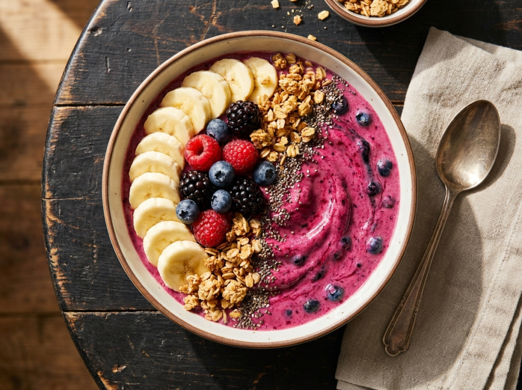 Smoothie bowl de frutas vermelhas em tigela branca, decorado com morango, mirtilo, framboesa e granola