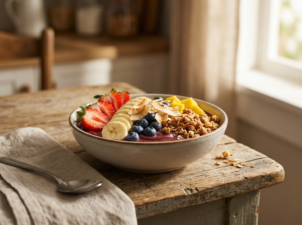 Smoothie bowl de açaí tradicional em tigela branca, decorado com rodelas de banana, granola e morango fatiado