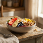 Smoothie bowl de açaí tradicional em tigela branca, decorado com rodelas de banana, granola e morango fatiado