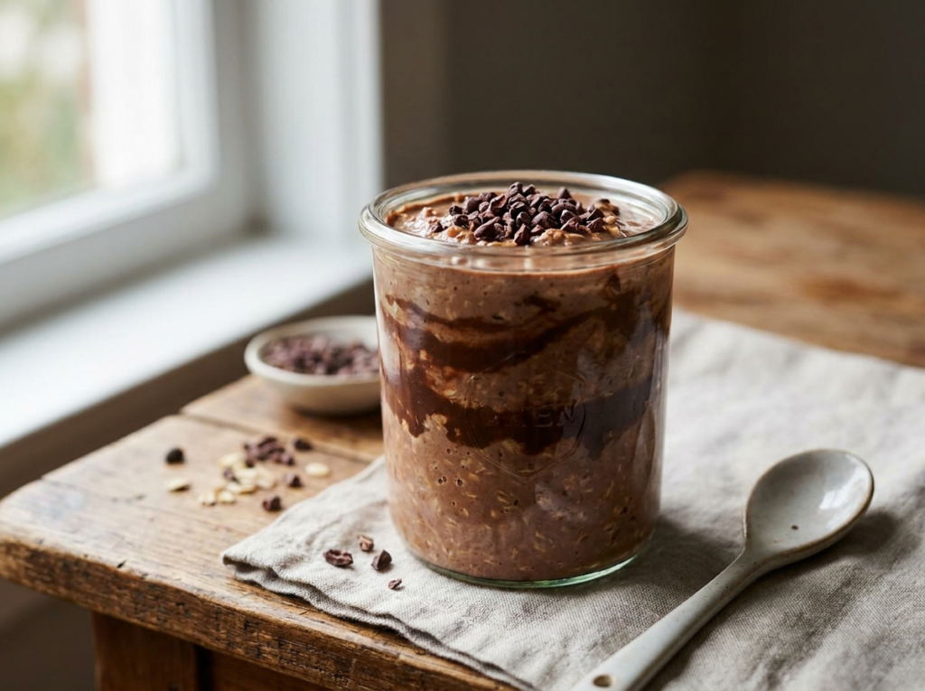 Overnight oats de cacau em pote de vidro, camadas cremosas de aveia com cacau, banana fatiada e cacau nibs por cima