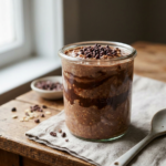 Overnight oats de cacau em pote de vidro, camadas cremosas de aveia com cacau, banana fatiada e cacau nibs por cima