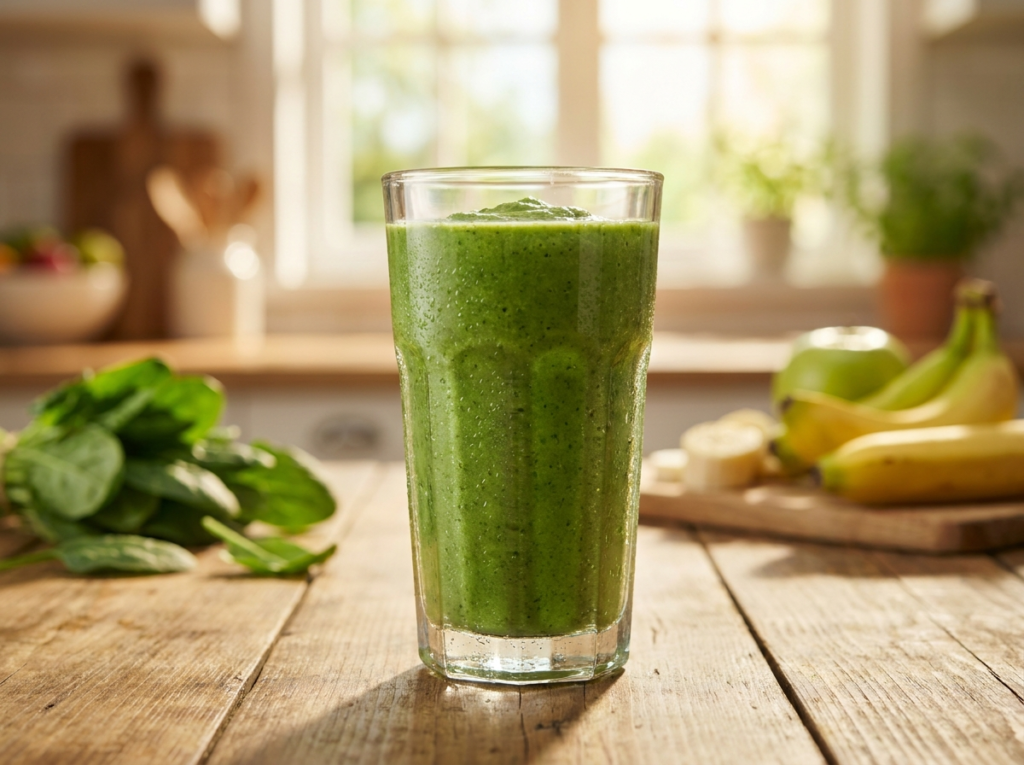 Vitamina verde vegana de banana e espinafre em copo alto, textura cremosa