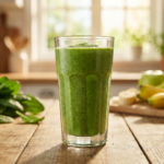 Vitamina verde vegana de banana e espinafre em copo alto, textura cremosa