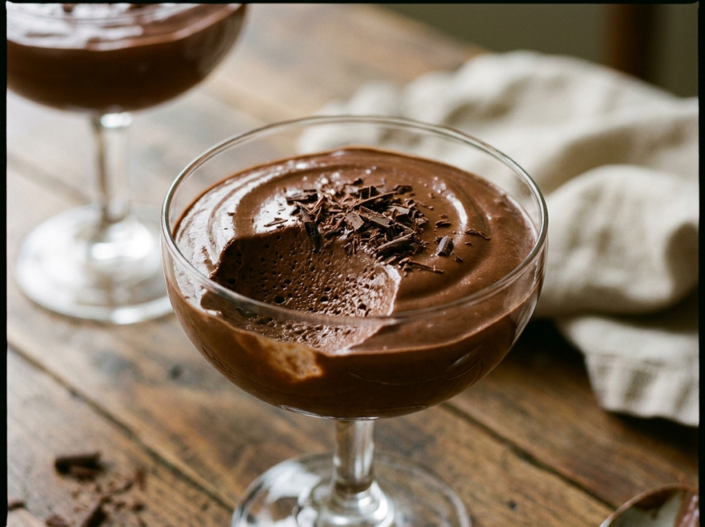 Mousse de chocolate vegana servida em taça de vidro com raspas de chocolate por cima