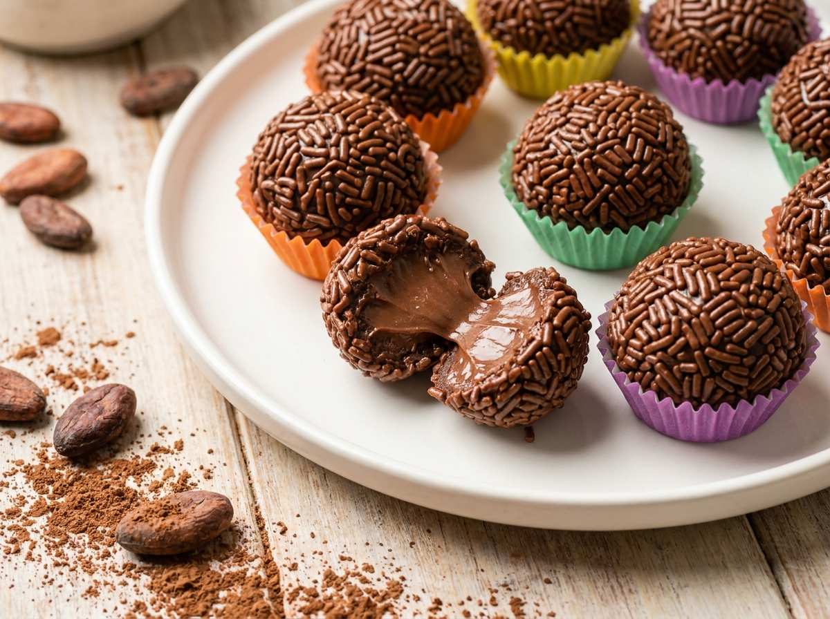 Brigadeiro vegano cremoso enrolado em forminhas coloridas, feito com leite condensado de coco caseiro