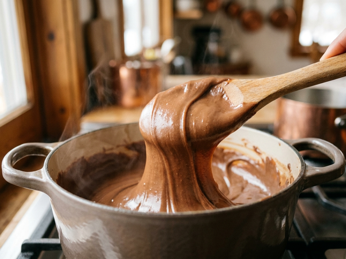 Massa de brigadeiro vegano sendo cozida e mexida na panela até desgrudar do fundo