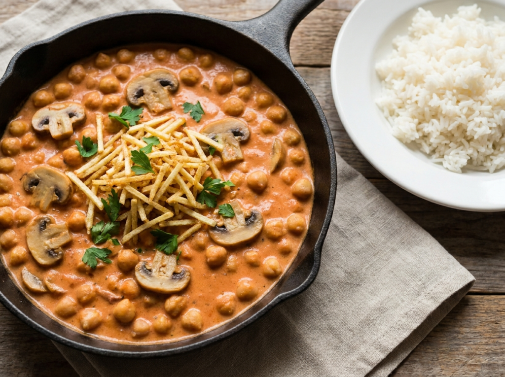 strogonoff de grão-de-bico vegano cremoso servido com arroz branco e batata palha