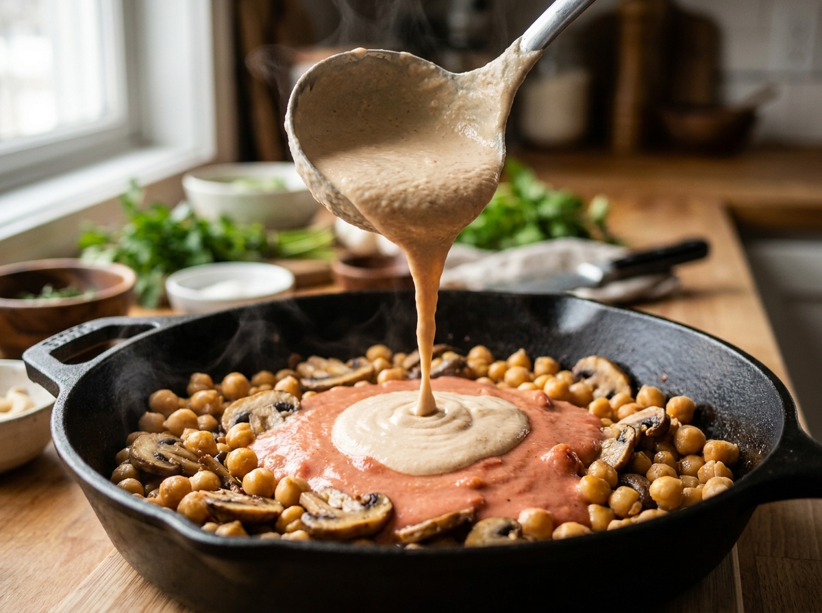 Creme de castanha de caju sendo incorporado ao grão-de-bico e cogumelos no preparo do strogonoff vegano