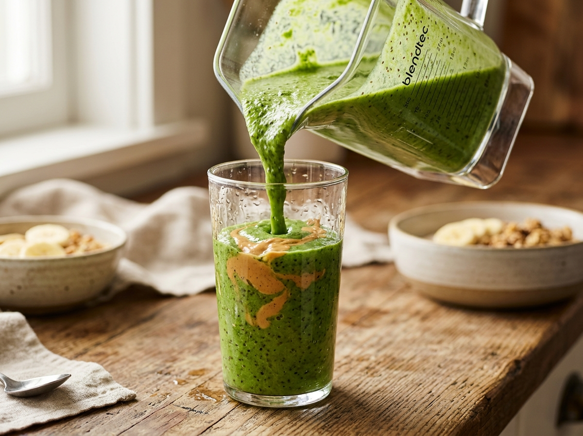 Vitamina verde vegana sendo servida do liquidificador em copo de vidro