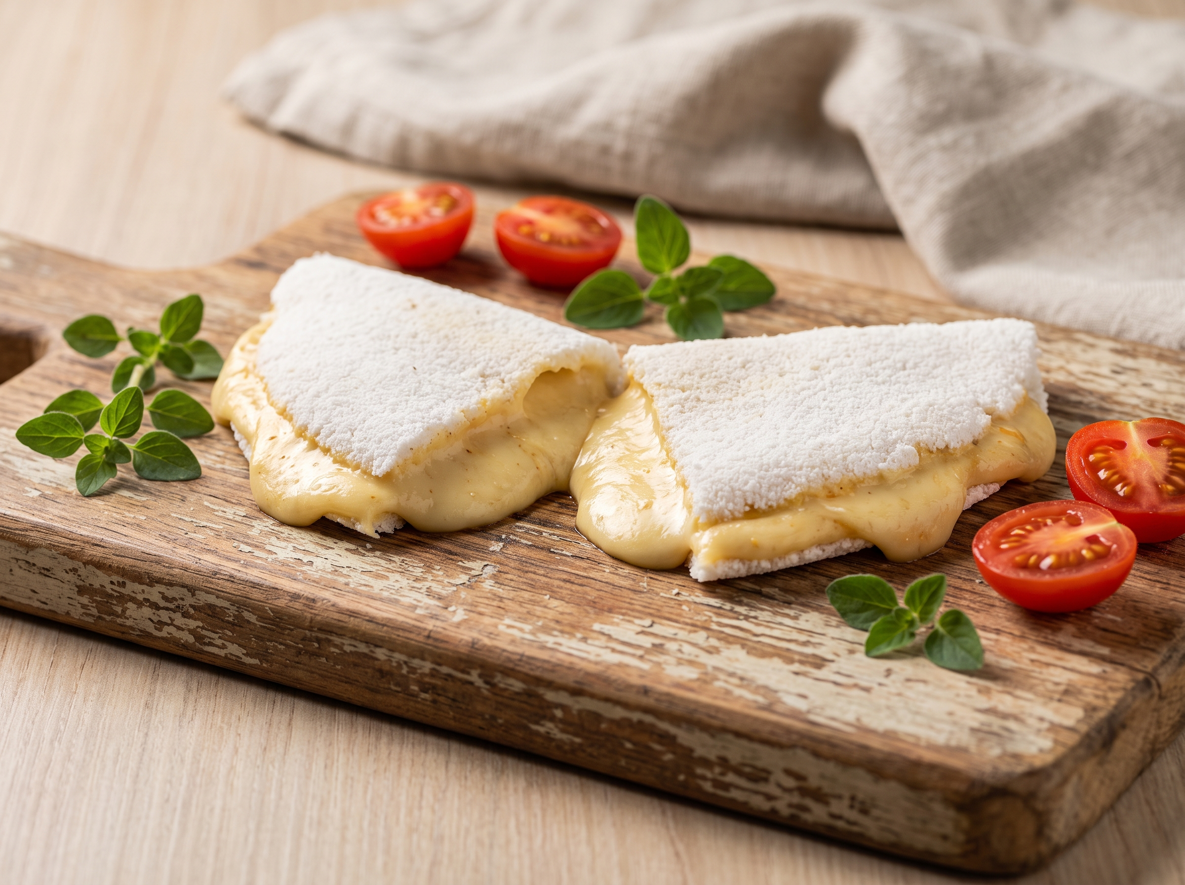 Tapioca de queijo vegetal dourada na chapa, com recheio de castanha derretido escorrendo