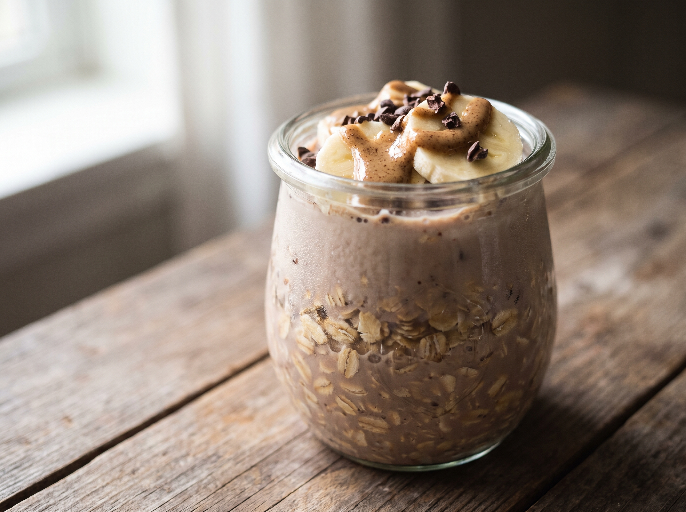 Close-up do overnight oats de cacau cremoso em pote de vidro, com pasta de amendoim derretendo por cima