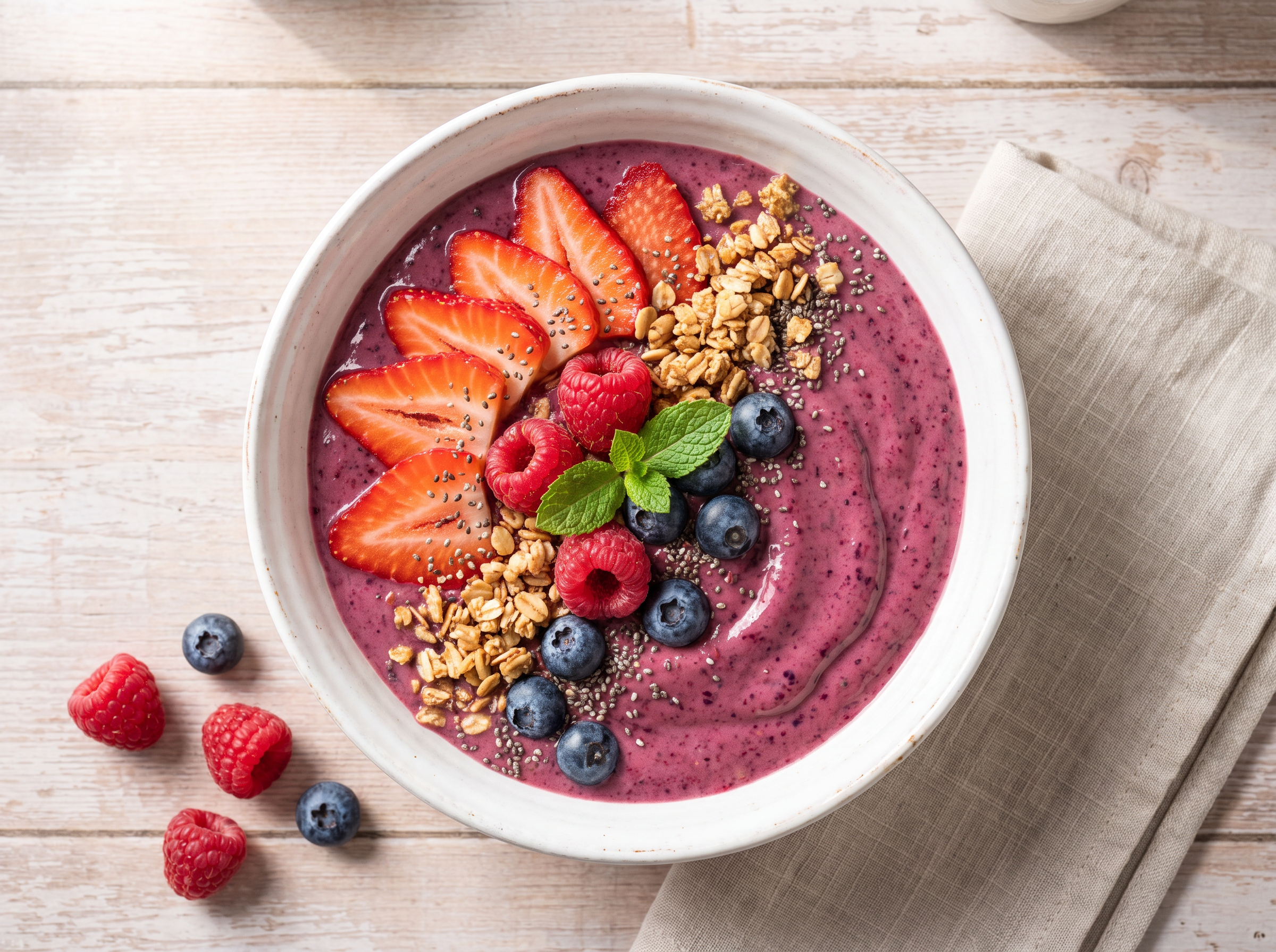 Detalhe do smoothie bowl de frutas vermelhas com cobertura de frutas frescas e granola crocante