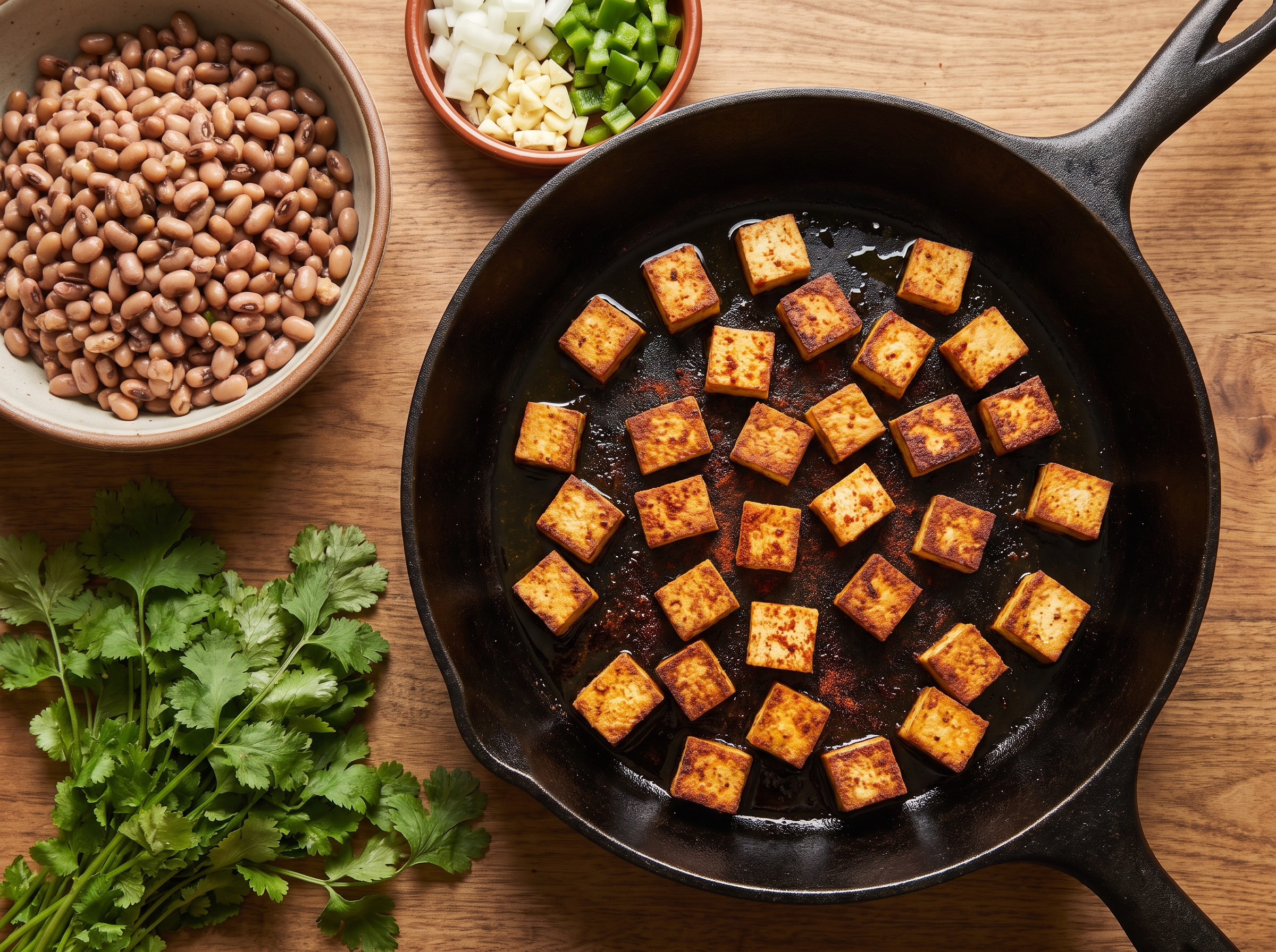 Cubos de tofu defumado dourando na frigideira com páprica, ao lado de feijão-de-corda cozido e temperos para o baião de dois vegano