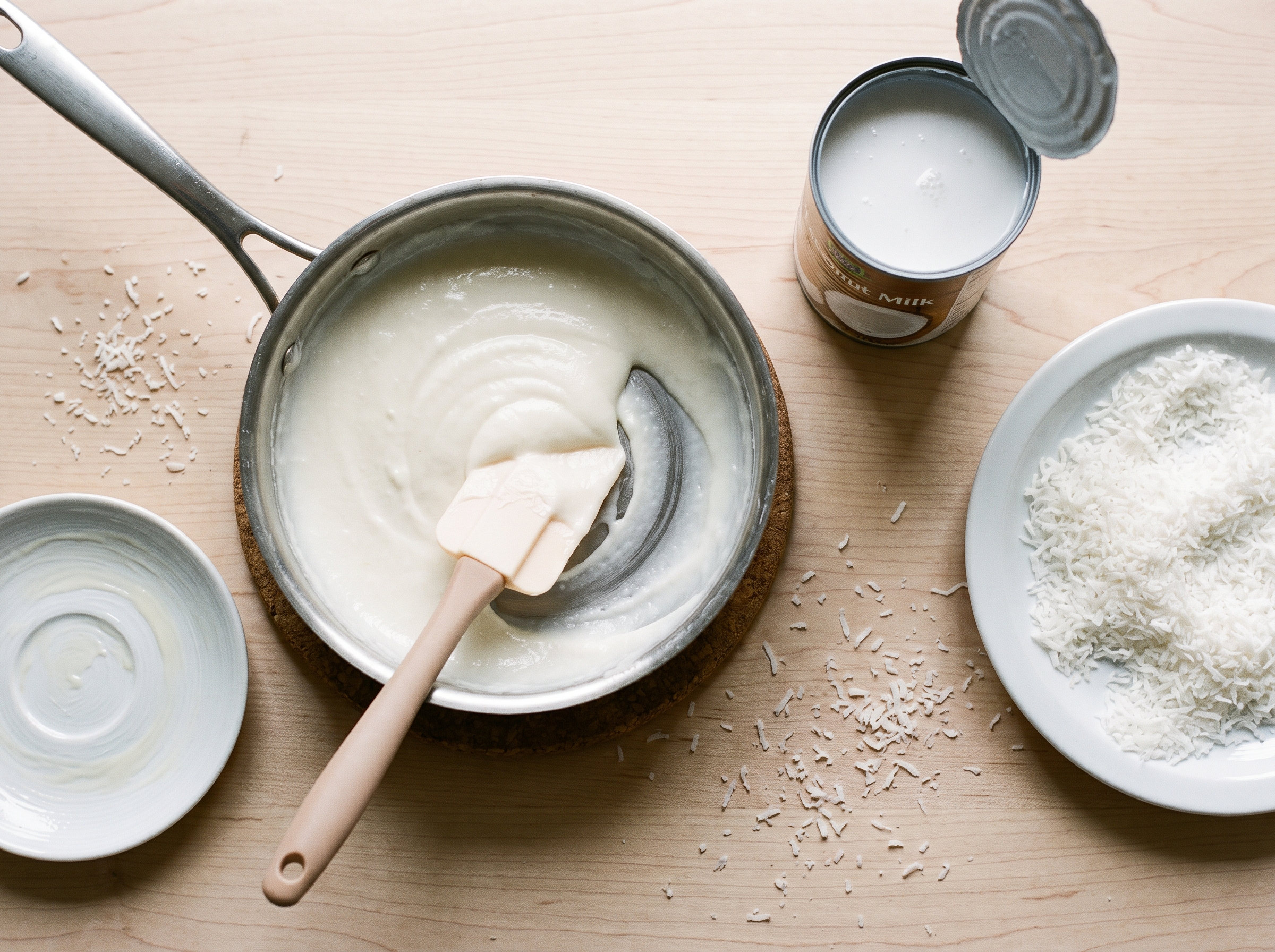 Creme branco espesso desgrudando do fundo da panela ao ser puxado pela espátula, ponto do beijinho vegano