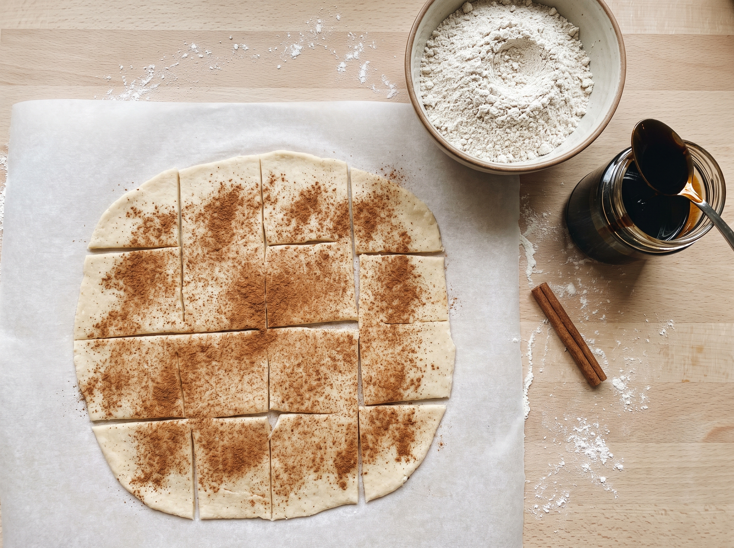 Massa aberta fina e cortada em retângulos polvilhados com canela, ao lado da farinha de aveia e do melado, preparo do biscoito de canela