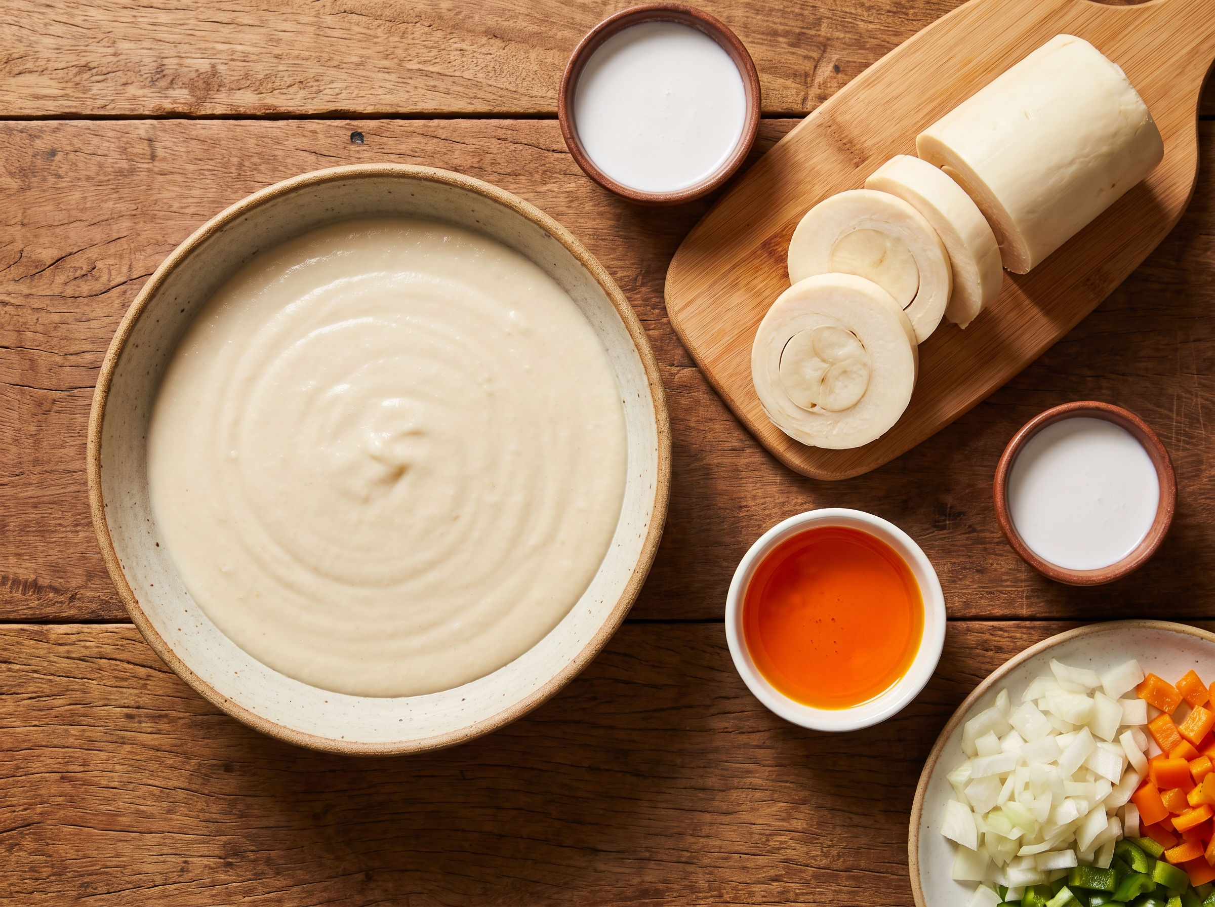 Creme liso de mandioca batida ao lado de rodelas de palmito pupunha, leite de coco e dendê, ingredientes do bobó de palmito