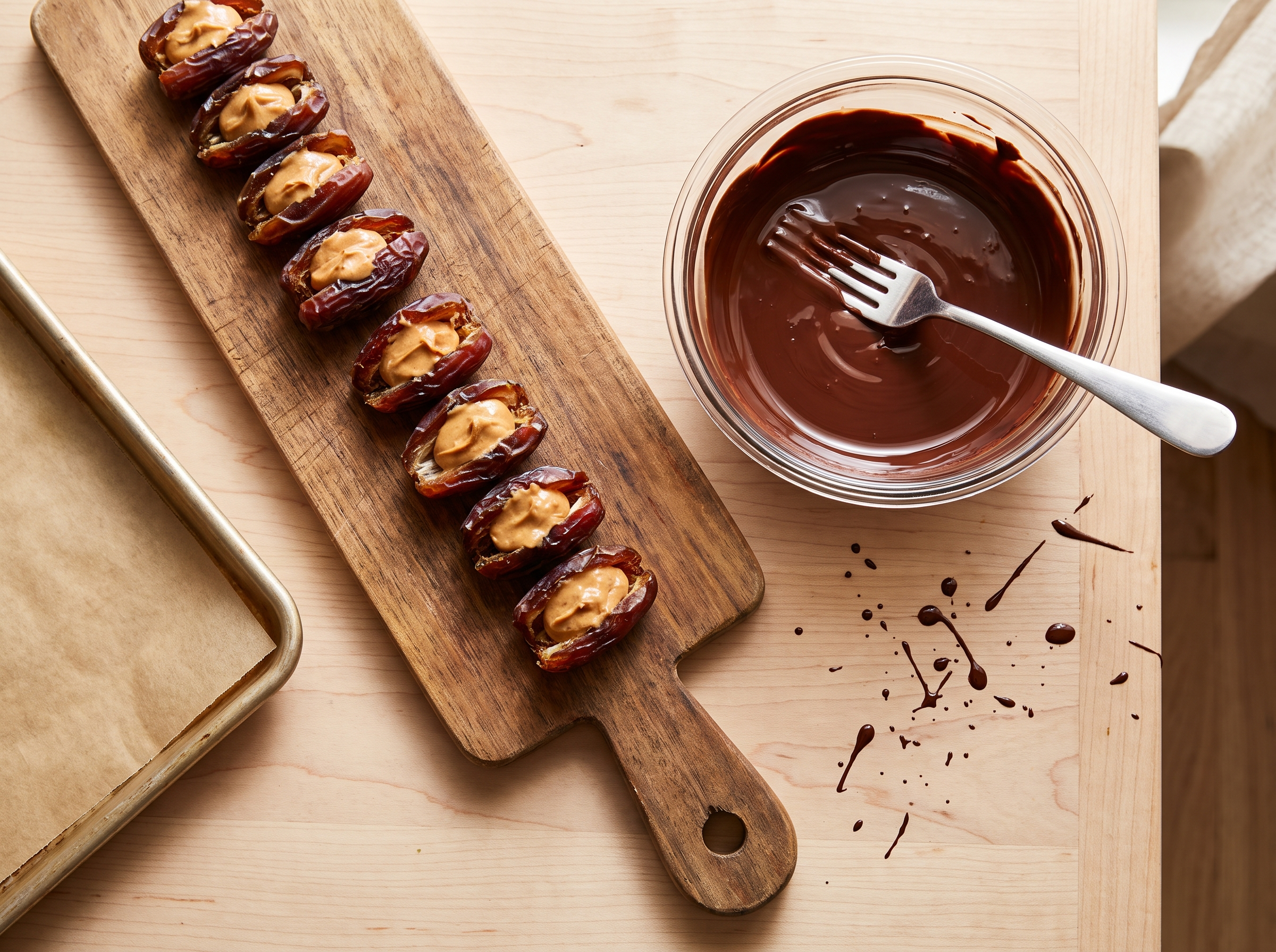 Tâmaras abertas ao meio com pasta de amendoim dentro, ao lado da tigela de chocolate derretido, preparo do bombom de tâmara