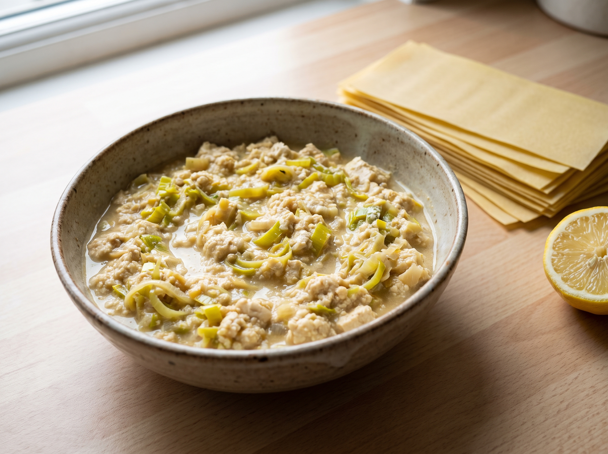 Tigela com creme de tofu amassado misturado a alho-poró refogado, ao lado folhas de massa de lasanha seca e meio limão