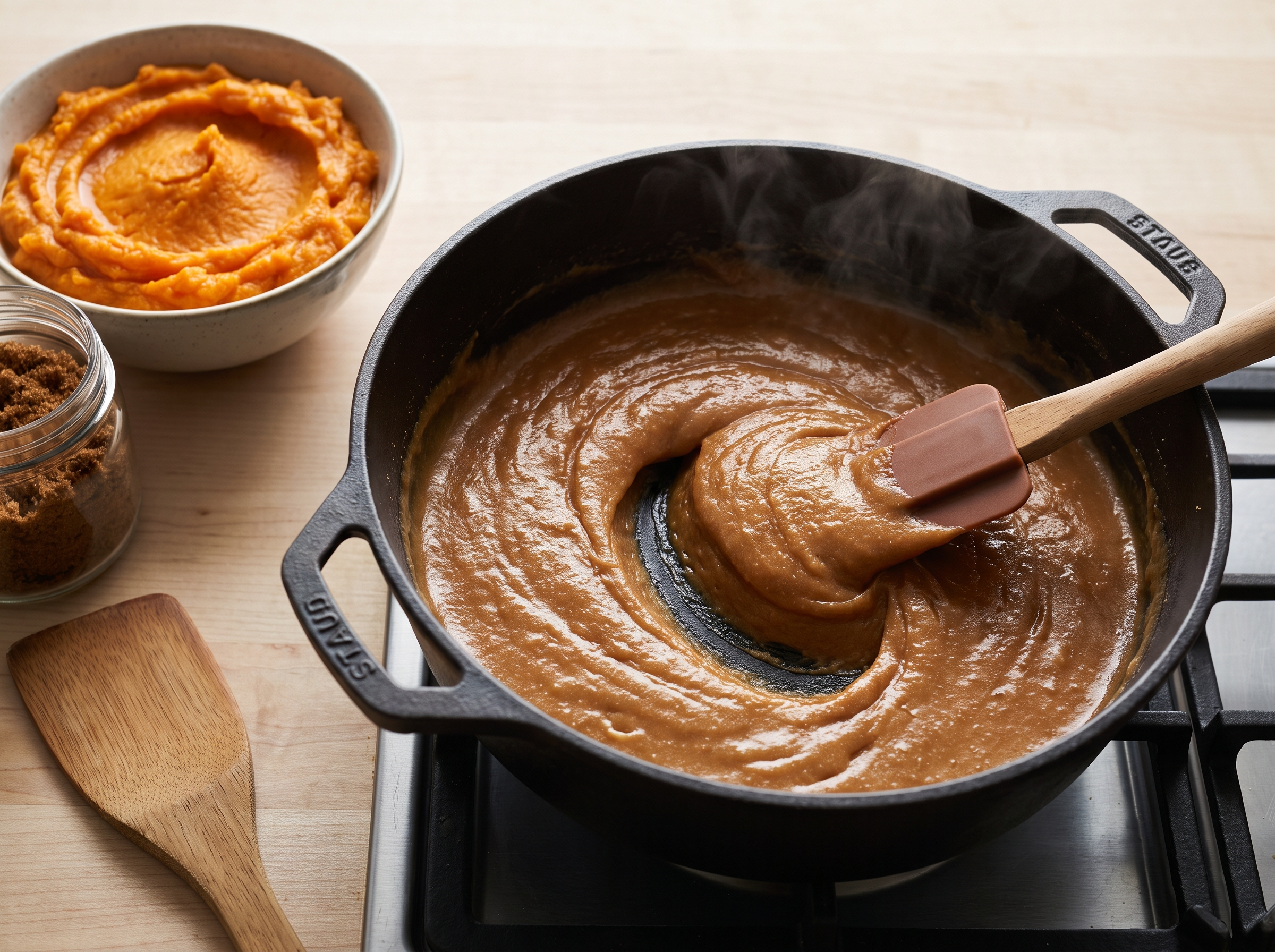 Panela com creme caramelo espesso e o sulco deixado pela espátula no fundo, ao lado tigela de purê de batata-doce e açúcar mascavo