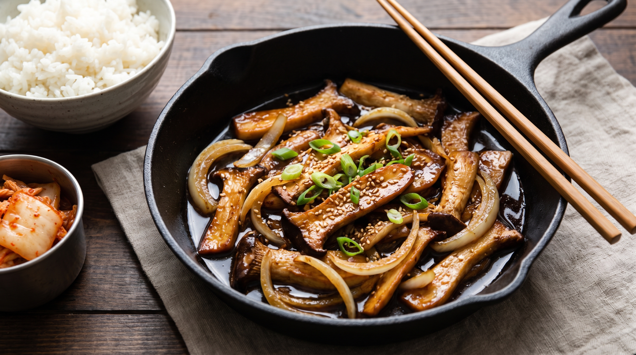 Bulgogi de cogumelos vegano dourado em frigideira de ferro, com molho agridoce brilhante, cebolinha e gergelim