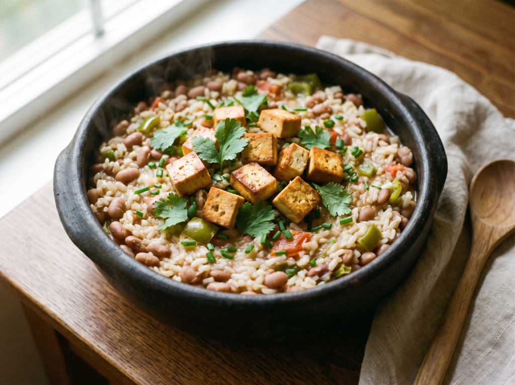 Baião de dois vegano cremoso servido em panela de barro, com feijão-de-corda, cubos de tofu defumado dourado e coentro fresco