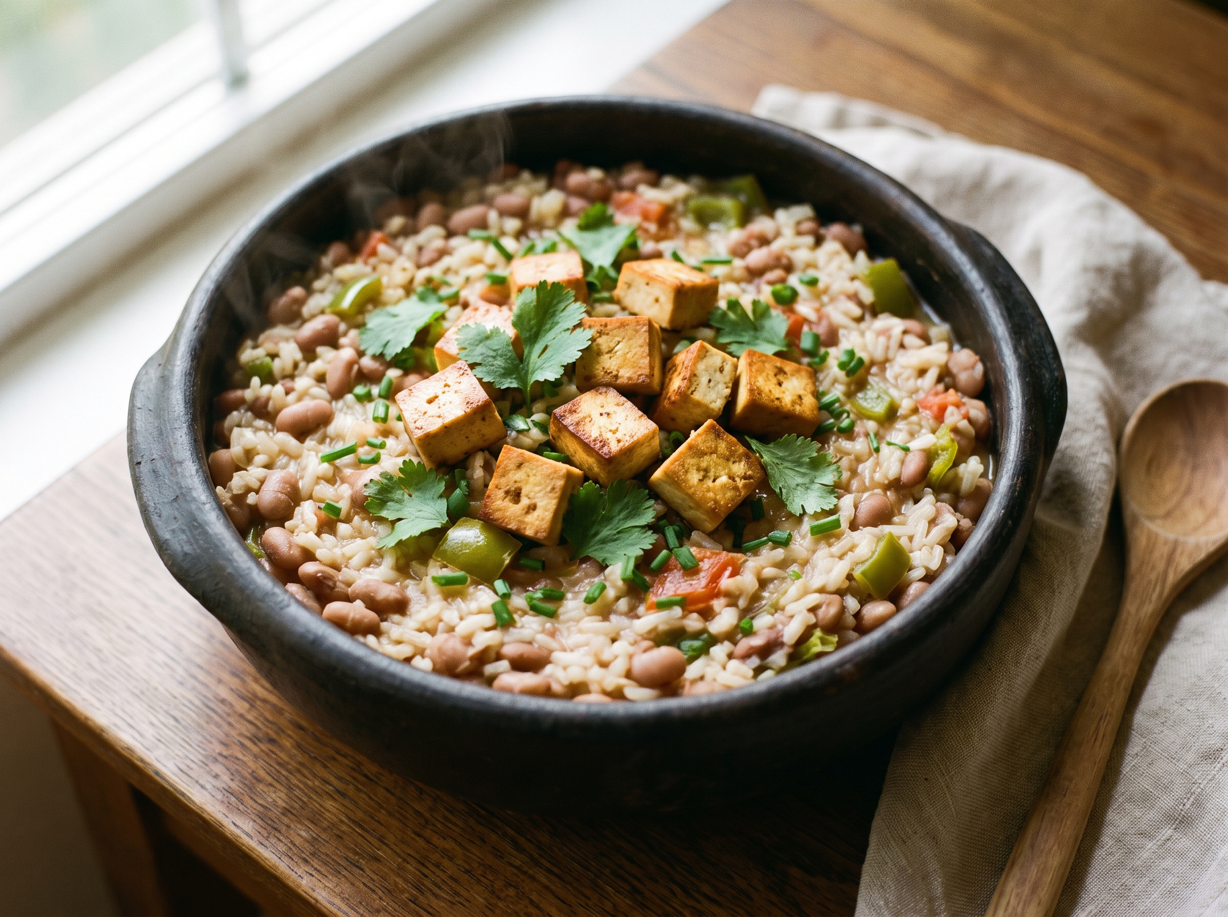 Baião de dois vegano cremoso servido em panela de barro, com feijão-de-corda, cubos de tofu defumado dourado e coentro fresco
