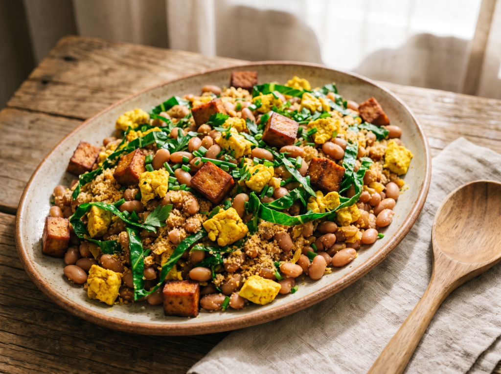 Feijão tropeiro vegano soltinho em travessa rústica, com cubinhos dourados de tofu defumado, couve refogada e tofu mexido amarelo com cúrcuma