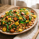Feijão tropeiro vegano soltinho em travessa rústica, com cubinhos dourados de tofu defumado, couve refogada e tofu mexido amarelo com cúrcuma