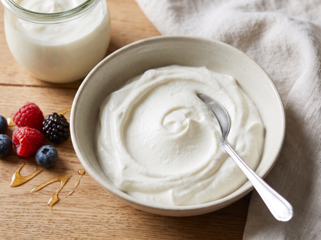 Iogurte grego vegano cremoso e denso em tigela de cerâmica clara, com marca da colher em relevo, servido com frutas vermelhas