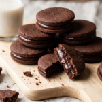 Bolacha recheada caseira de chocolate empilhada sobre tábua de madeira, com uma partida ao meio mostrando o recheio de ganache