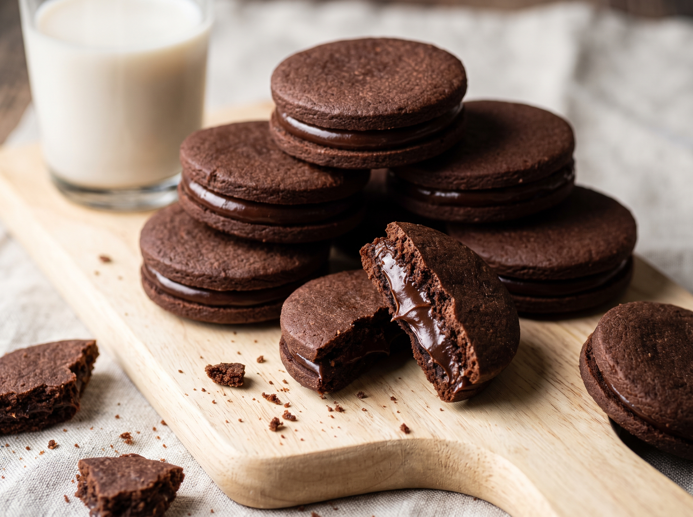 Bolacha recheada caseira de chocolate empilhada sobre tábua de madeira, com uma partida ao meio mostrando o recheio de ganache
