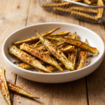 Chips de quiabo crocantes e dourados em tigela de cerâmica, cortados no comprimento e salpicados com páprica e sal