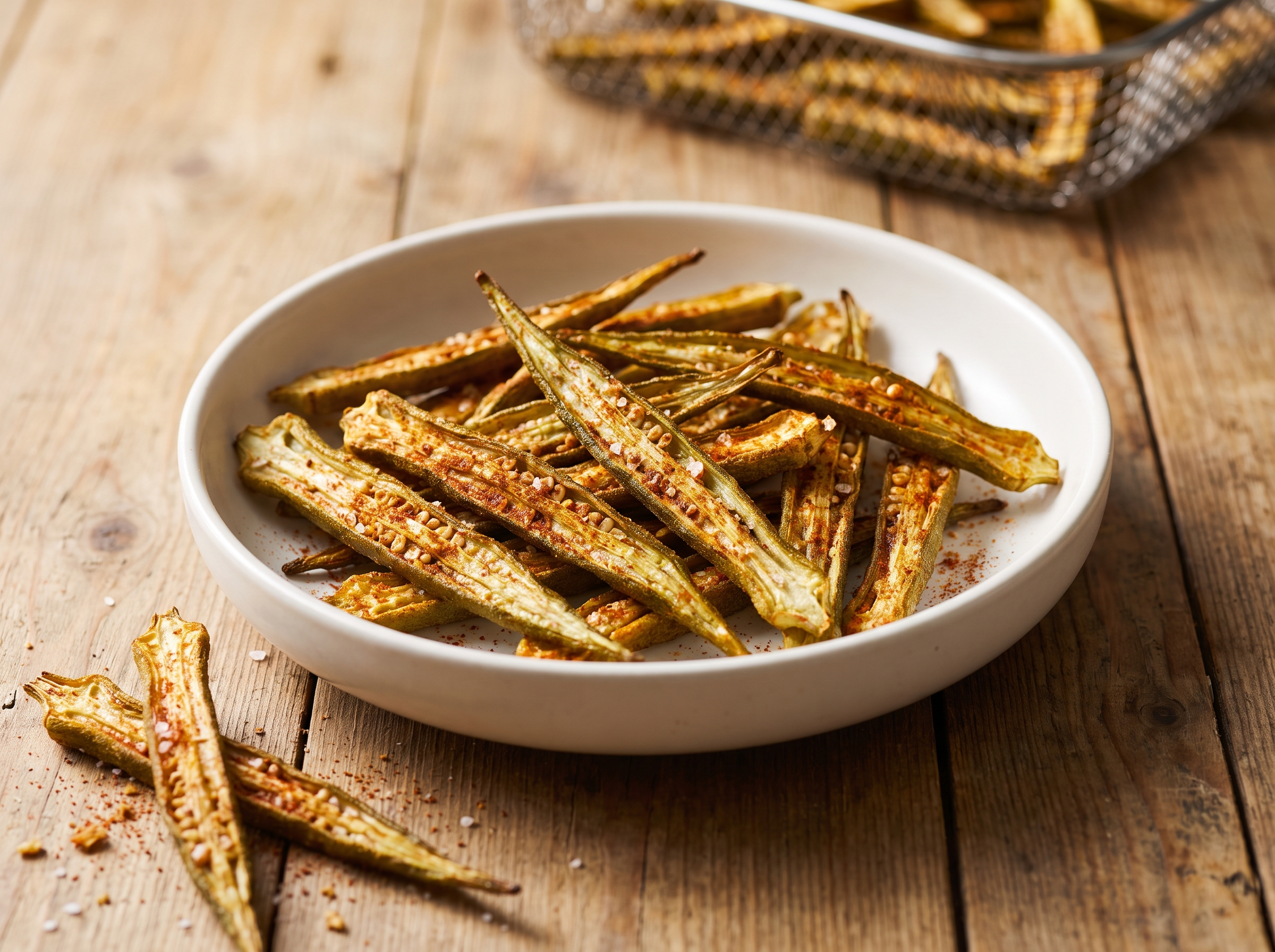 Chips de quiabo crocantes e dourados em tigela de cerâmica, cortados no comprimento e salpicados com páprica e sal