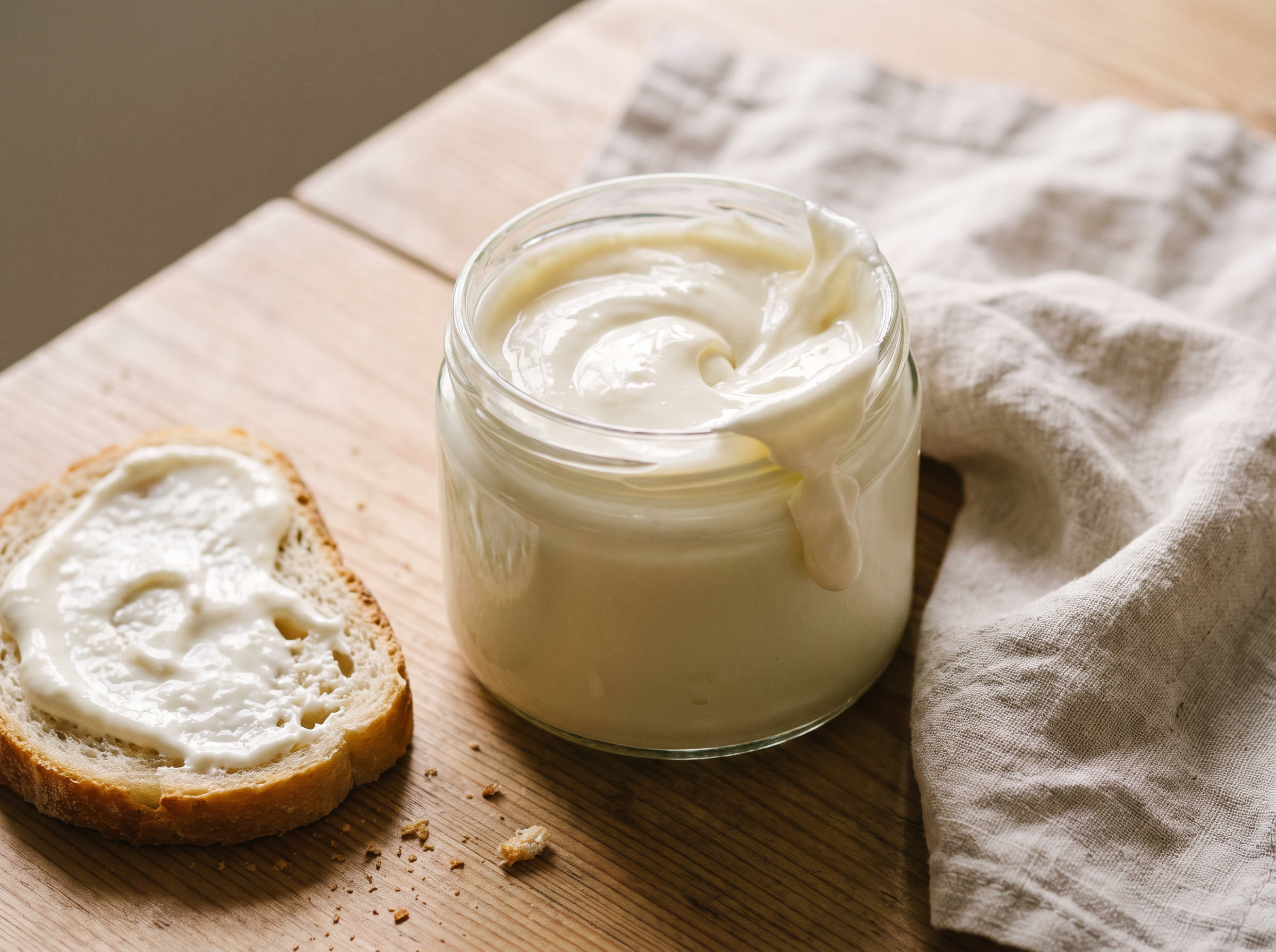 Pote de vidro com requeijão vegano cremoso branco e espesso, ao lado de uma fatia de pão com requeijão passado